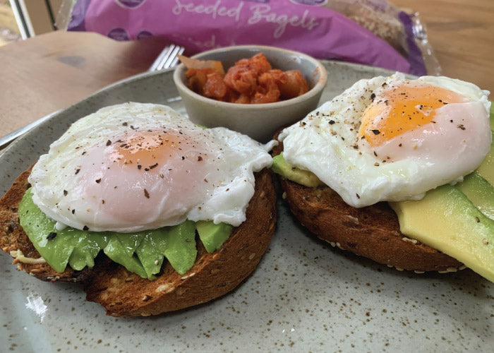 Low carb bagels with eggs and avocado